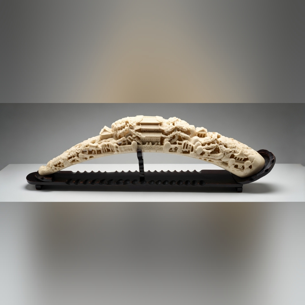 Vintage 31" Chinese Faux Ivory Carved Tusk Landscape Pagodas Mid-Century - Picture 2 of 16